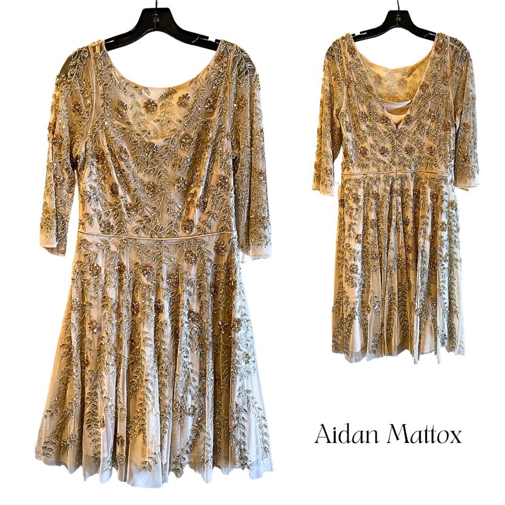 AIDAN MATTOX GLAM APPLIQUÉD NATURAL TULLE EVENING DRESS WITH SEQUINS & BEADS
